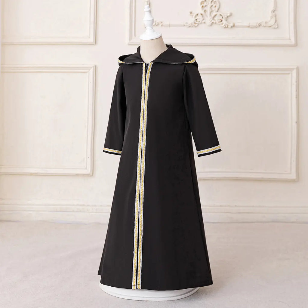Girls Black Hooded Abaya Dress With Long Sleeves Casual Dresses