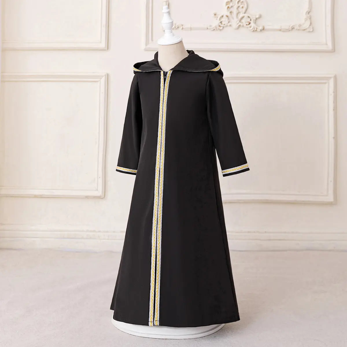 Girls Black Hooded Abaya Dress With Long Sleeves Casual Dresses