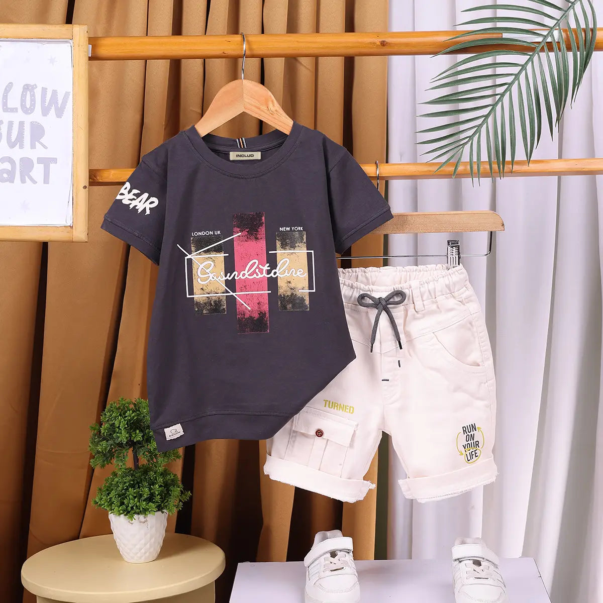 Boys Black Typographic Printed Short Sleeve T-Shirt With Elasticated Shorts Sets 2 pc. Sets Black 1-2 Y