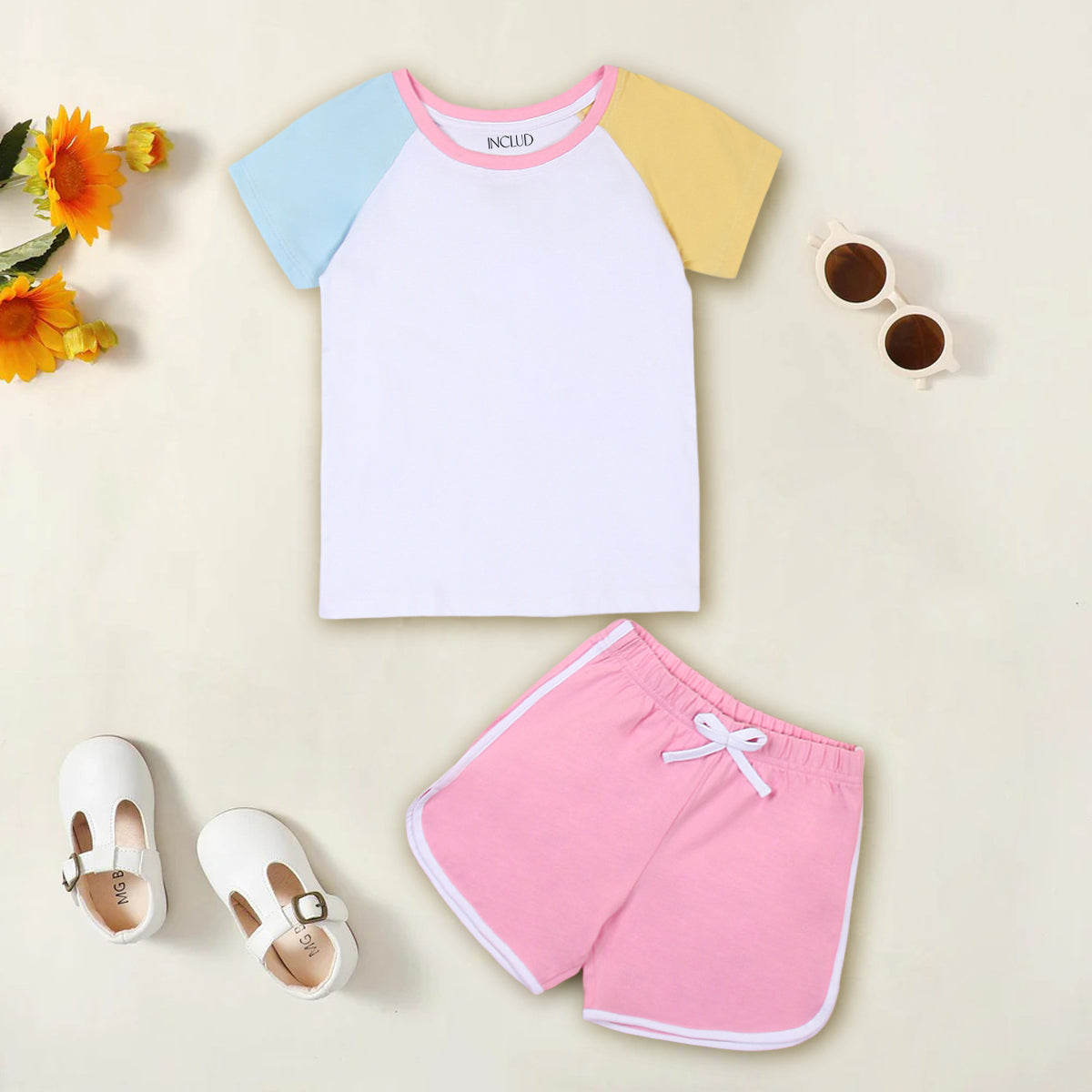 Girls Multicolor Color-blocked Raglan Sleeve T-Shirt With Sets - Pack of 2 Sets