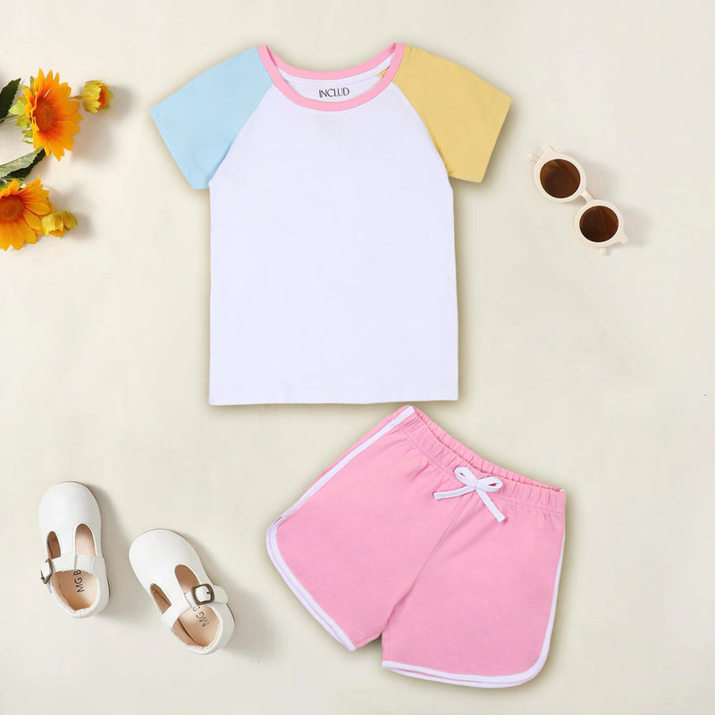 Girls Multicolor Color-blocked Raglan Sleeve T-Shirt With Sets - Pack of 2 Sets