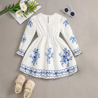 Girls White Floral Printed Long Sleeves Fit & Flare Dress Casual Dresses