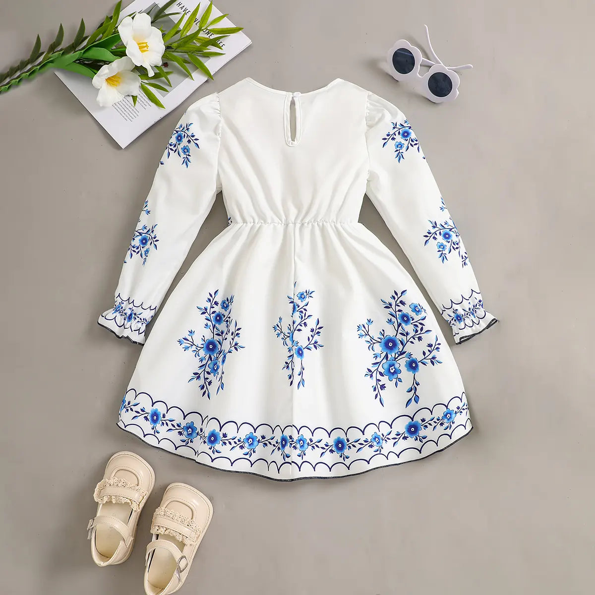 Girls White Floral Printed Long Sleeves Fit & Flare Dress Casual Dresses