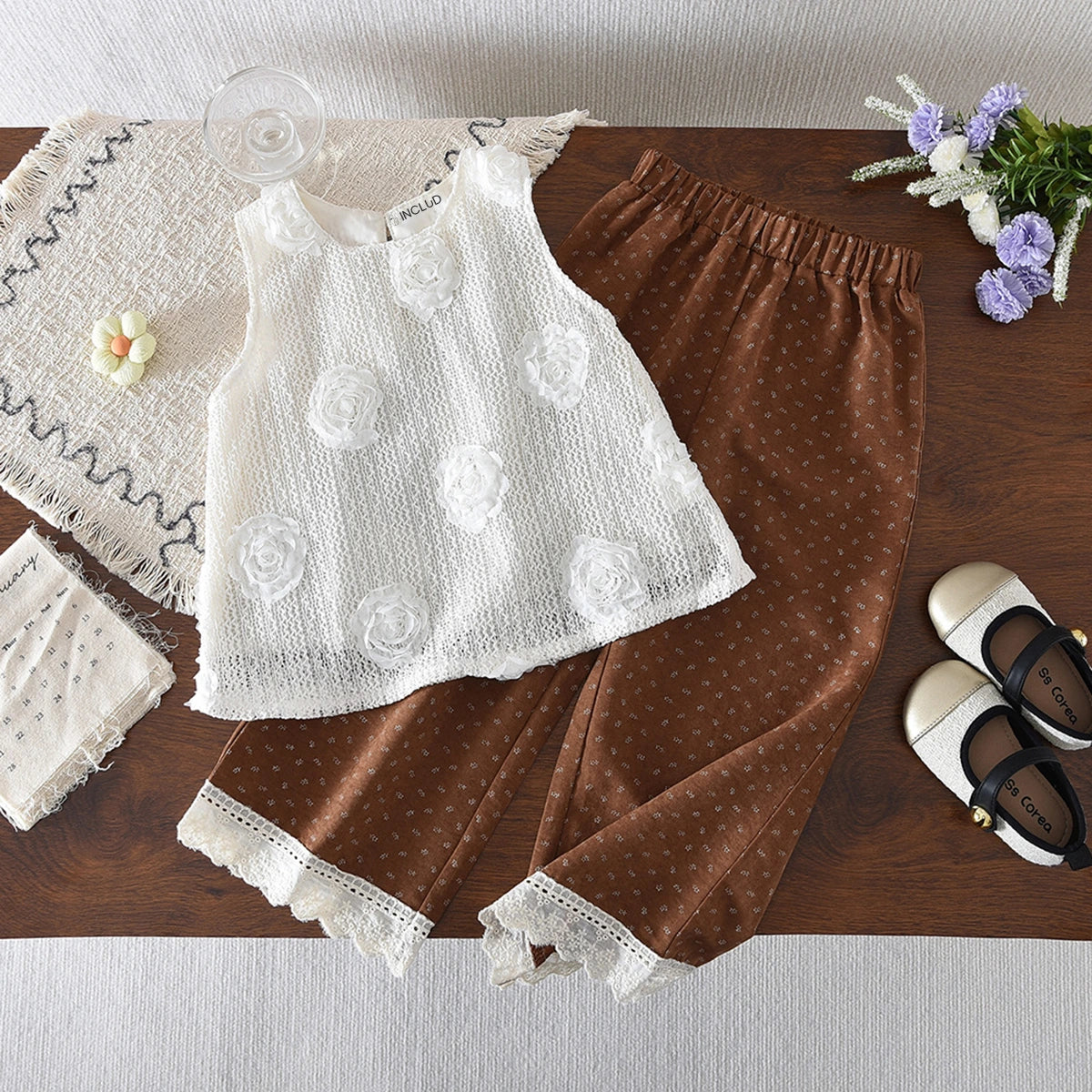 Girls White Self-Design Sleeveless Top With Pants Sets 2 pc. Sets White 1-2 Y