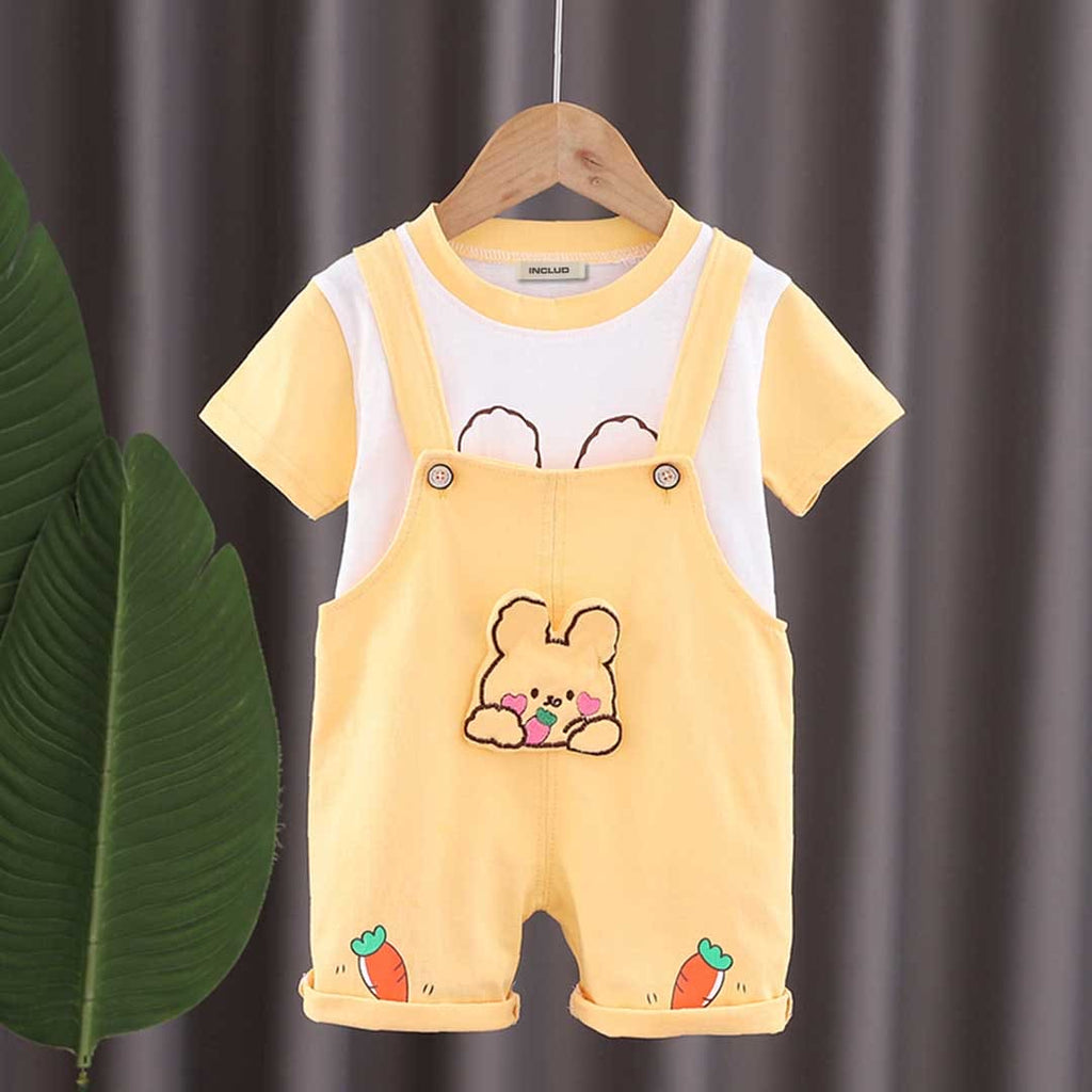 Girls Printed T-shirt with Bunny Patch Dungaree Set