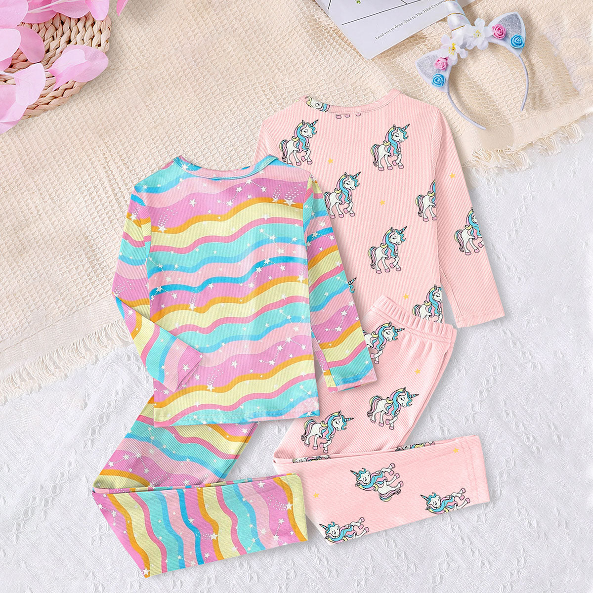 Girls Multicolor Unicorn Printed Top With Pajama Set ( Pack Of 2 ) Sets