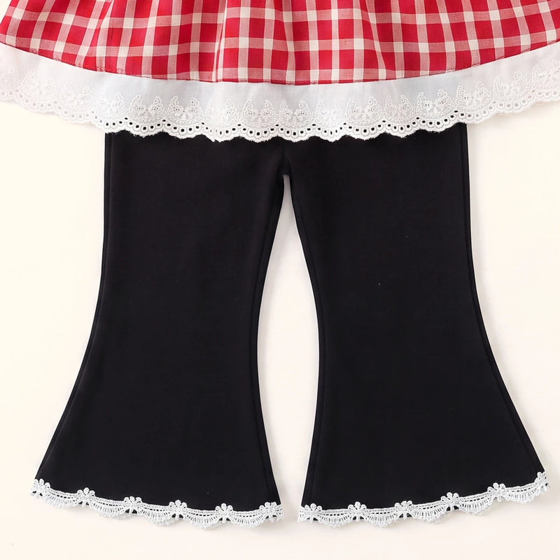 Girls Red Checked Bell Sleeve Top With Pants Sets 2 pc. Sets