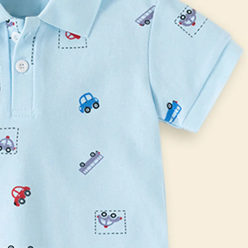 Boys Sky Blue Short Sleeve Car Printed Polo T-Shirt Tshirts