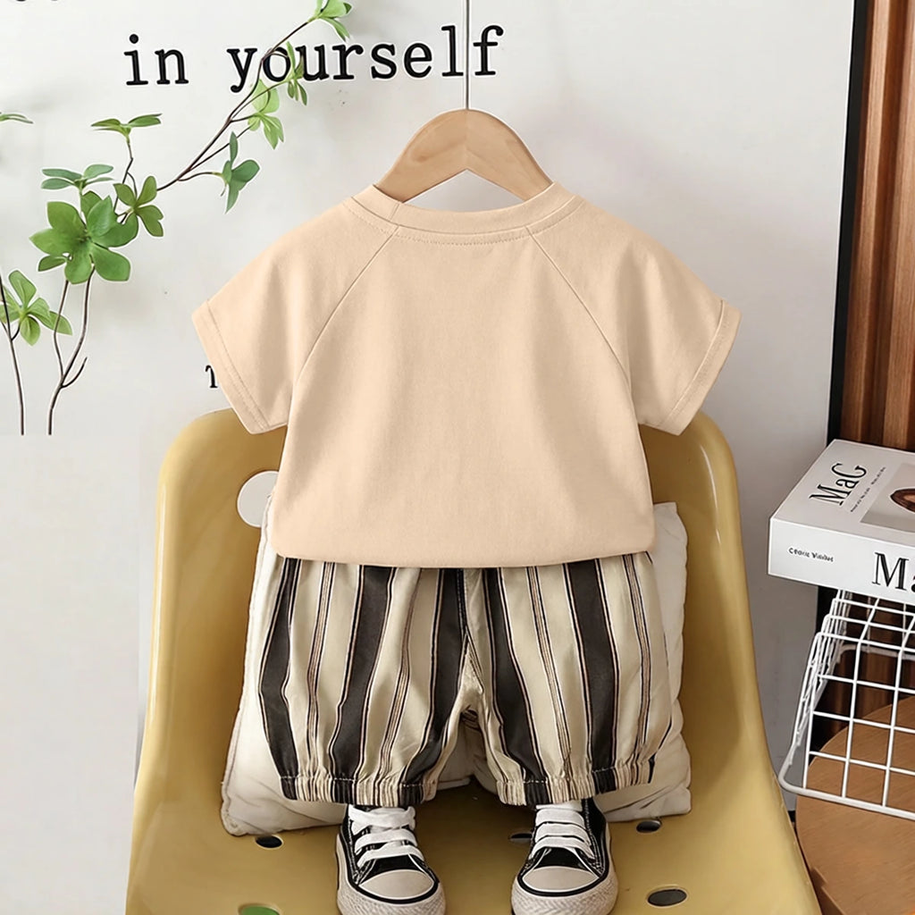 Boys Beige Zebra Printed T-Shirt With Stripes Shorts Set Sets