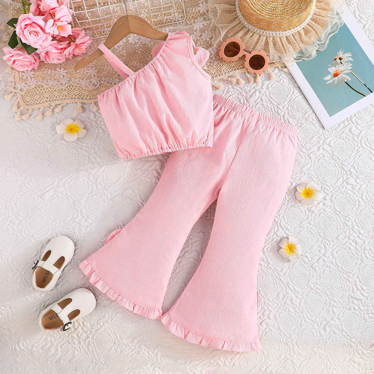 Girls Pink Textured One Shoulder Top With Flared Hem Pants Set 2 pc. Sets
