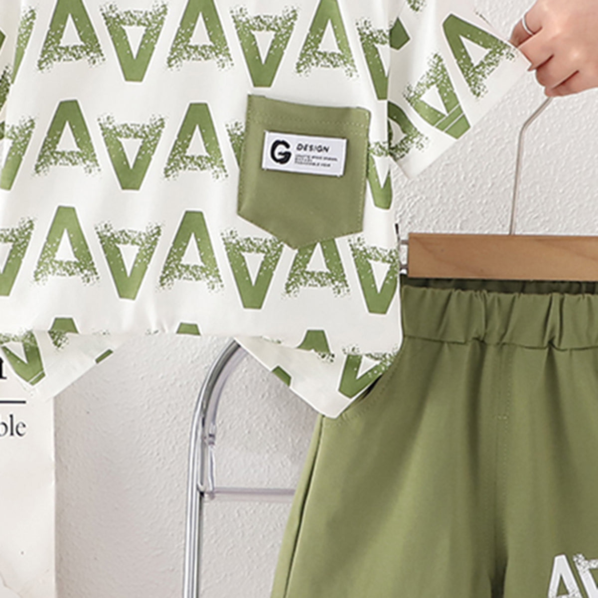 Boys Green Printed Short Sleeves T-Shirt With Contrast Patch Pocket And Shorts Set 2 pc. Sets