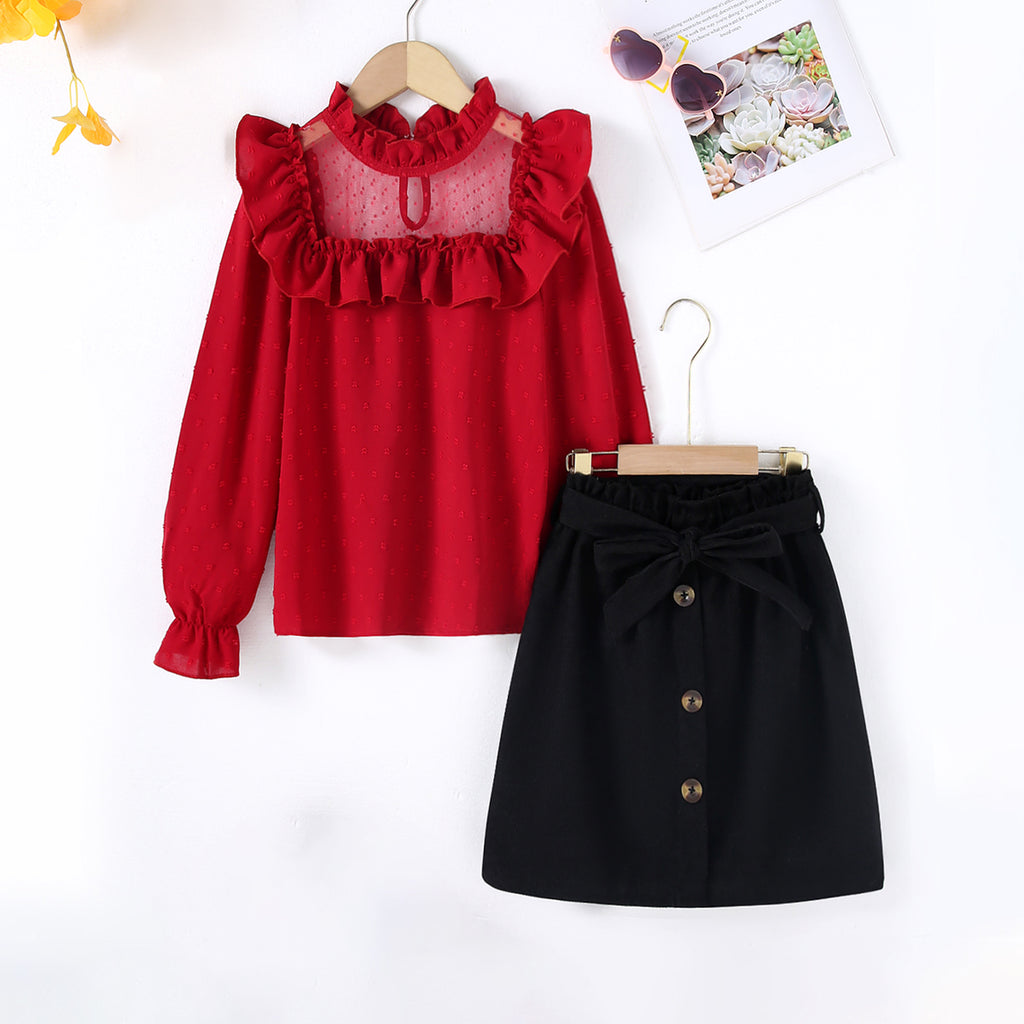 Girls Red Long Sleeve Ruffle Neck Summer Top With Skirts Sets 2 pc. Sets