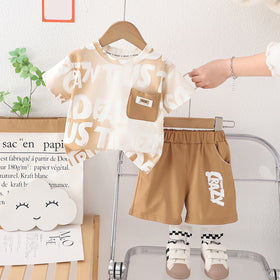 Boys Khaki Printed Contrast Pocket T-Shirt With Shorts Set 2 pc. Sets Khaki 1-2 Y