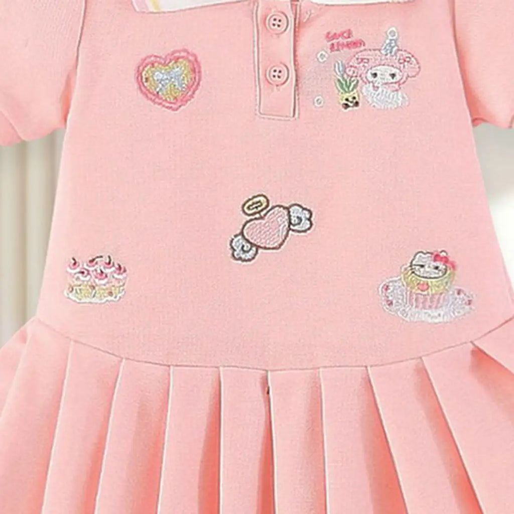 Girls Pink Bunny Heart Embroidered Short Sleeve Pleated Polo Dress Casual Dresses