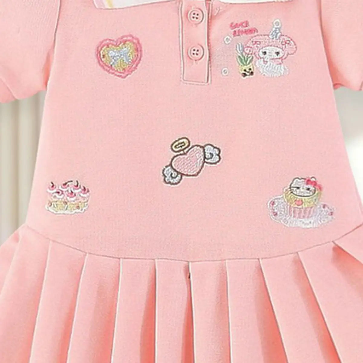 Girls Pink Bunny Heart Embroidered Short Sleeve Pleated Polo Dress Casual Dresses
