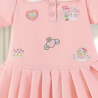 Girls Pink Bunny Heart Embroidered Short Sleeve Pleated Polo Dress Casual Dresses