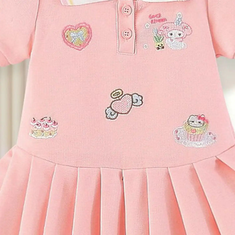 Girls Pink Bunny Heart Embroidered Short Sleeve Pleated Polo Dress Casual Dresses