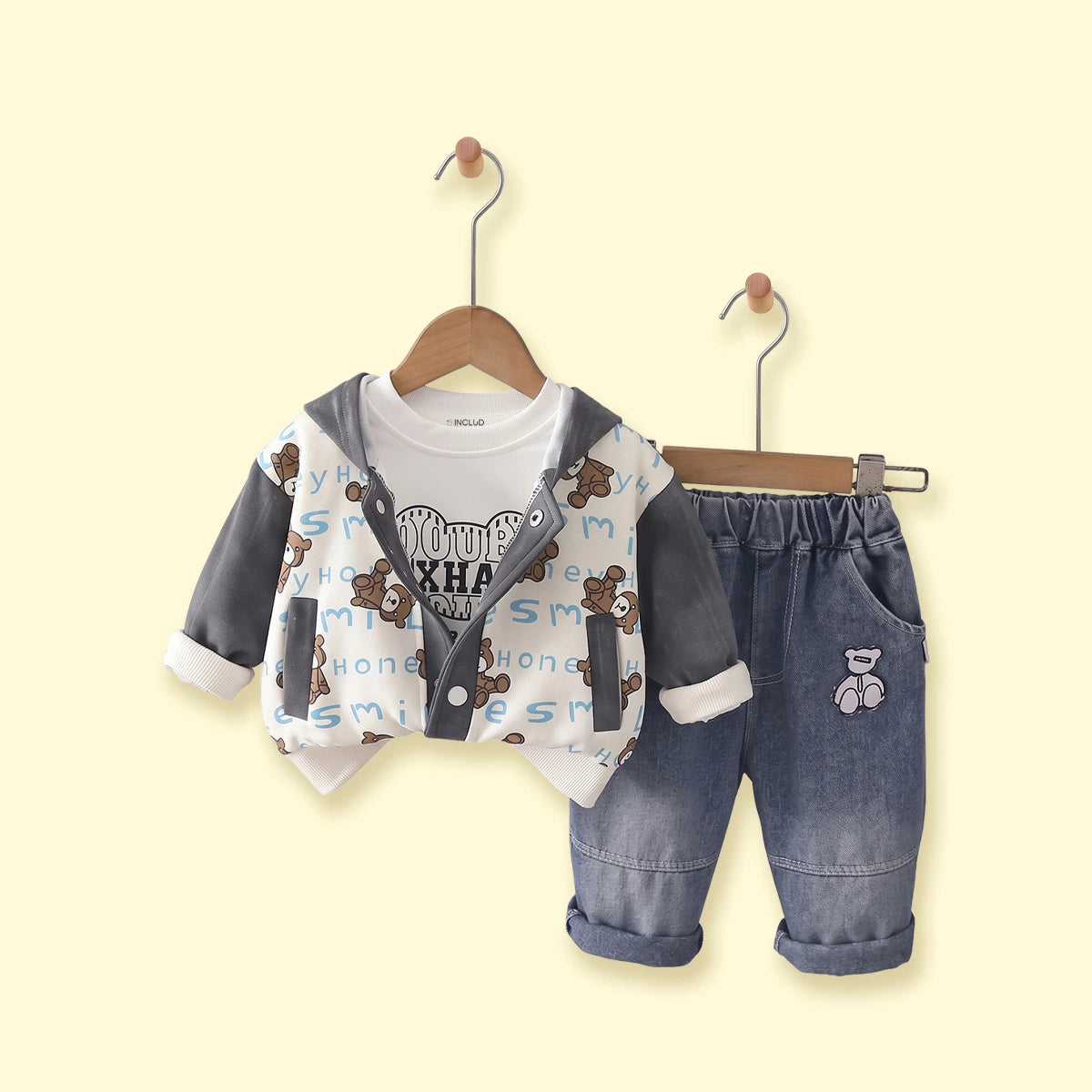 Boys Grey Typographic Hooded Jacket & T-Shirt With Denim Pants Sets Sets Grey 1-2 Y