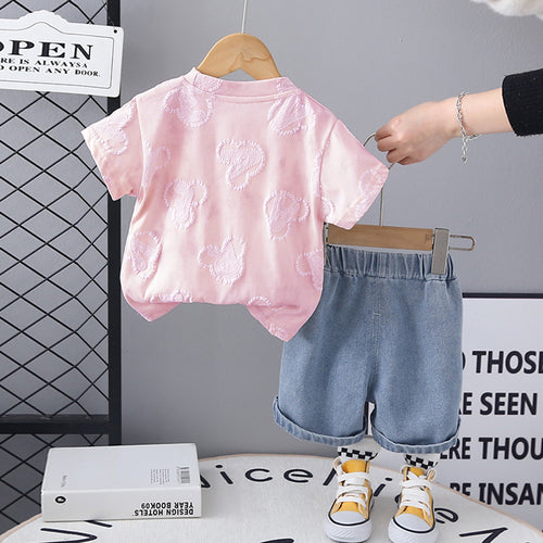 Girls Pink Puff Print Short Sleeve T-Shirt With Denim Shorts Set 2 pc. Sets