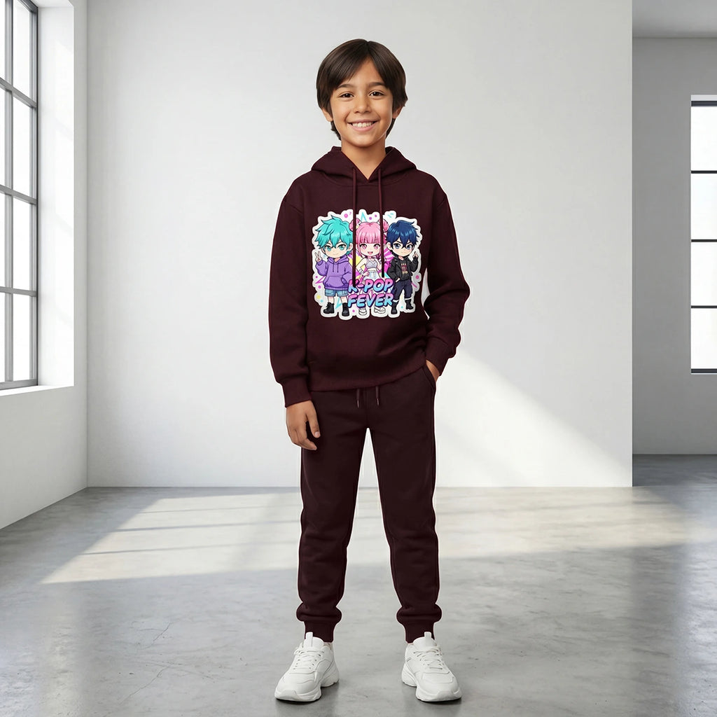 Boys Maroon K-Pop Fever Graphics Hoodie With Jogger Co-ord Sets Sets Maroon 4-5 Y