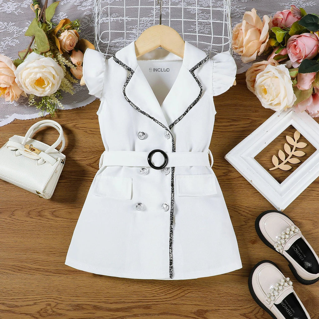 Girls White Cap Sleeve Belted Blazer Dress Casual Dresses White 1-2 Y