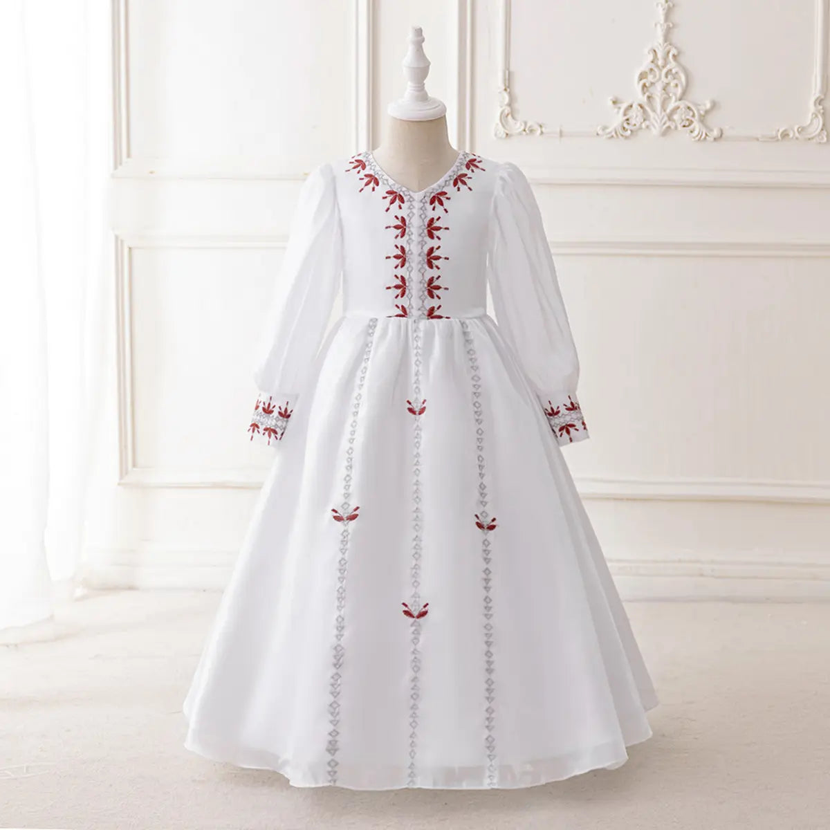 Girls White Embroidered Fit & Flare Dress With Long Sleeeves Casual Dresses White 3-4 Y