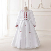 Girls White Embroidered Fit & Flare Dress With Long Sleeeves Casual Dresses White 3-4 Y