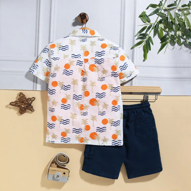 Boys Orange Tropical Print Shirt With T-Shirt & Elasticated Shorts Sets 3 pc. Sets