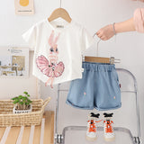 Girls White Rabbit Appliqued T-Shirt With Denim Shorts Set