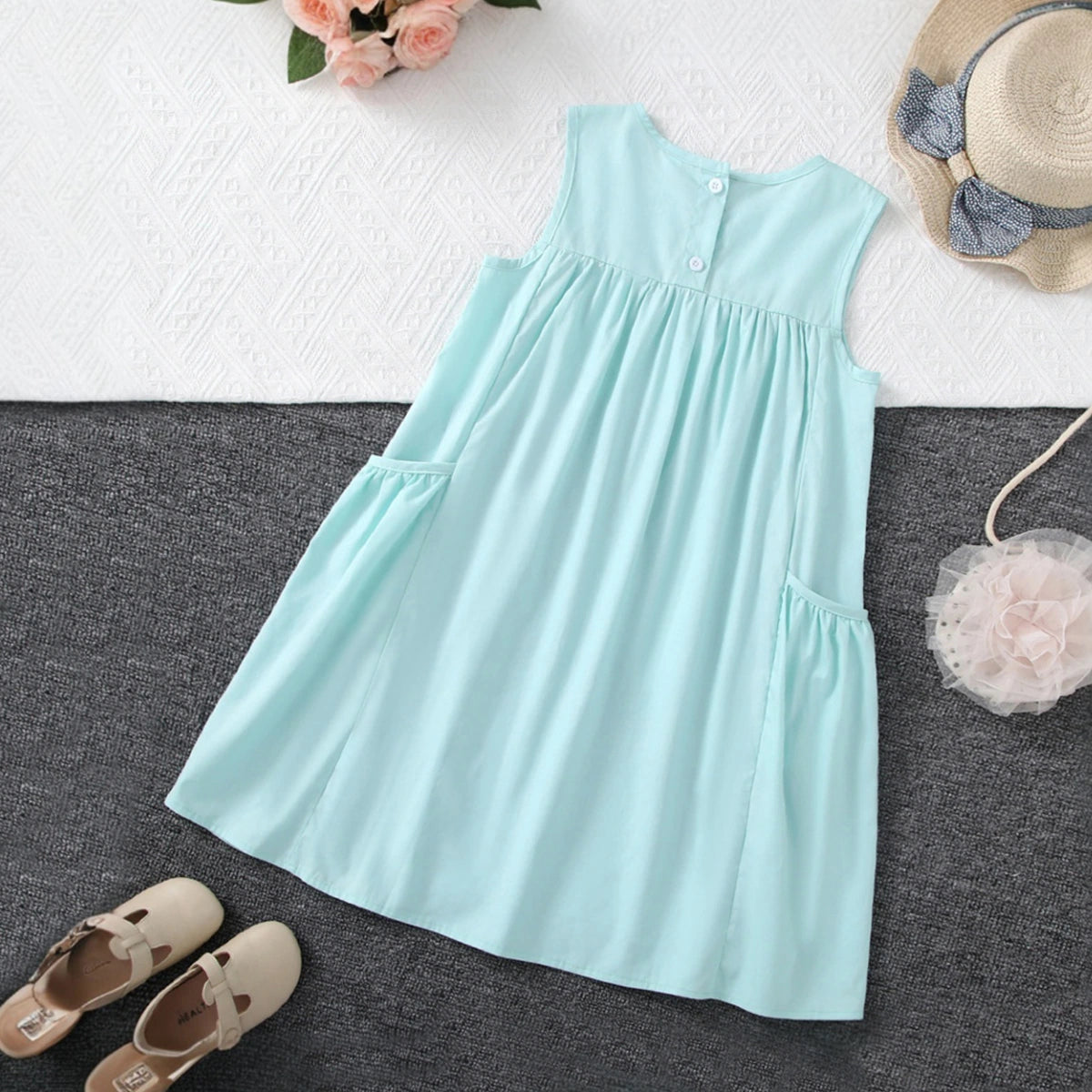 Girls Aqua Blue Solid Sleeveless A-Line Dress with Pockets Casual Dresses