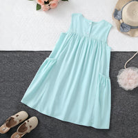 Girls Aqua Blue Solid Sleeveless A-Line Dress with Pockets Casual Dresses