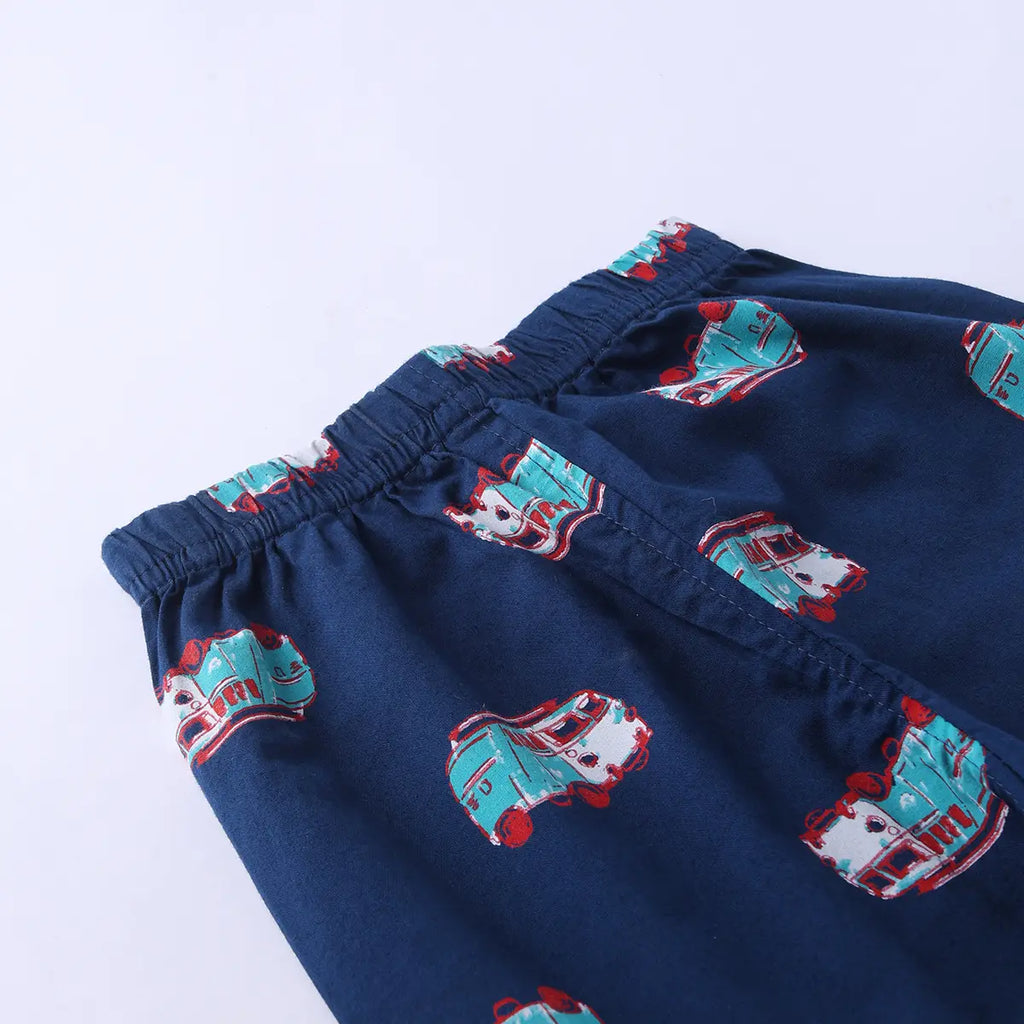 Girls Navy Blue Car Printed Short Sleeve Shirt With Printed Pyjama Sets Sets