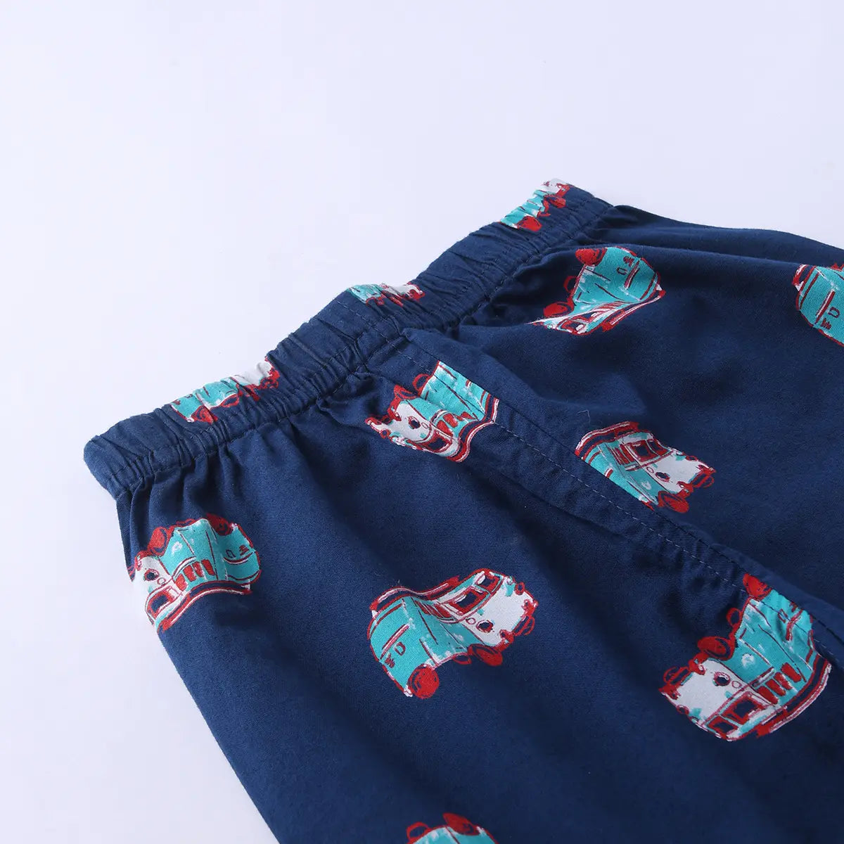 Girls Navy Blue Car Printed Short Sleeve Shirt With Printed Pyjama Sets Sets