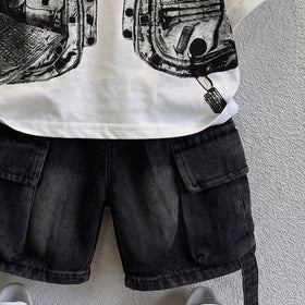 Boys Black Short Sleeve Graphic Print T-Shirt With Denim Shorts Sets 2 pc. Sets