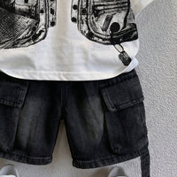 Boys Black Short Sleeve Graphic Print T-Shirt With Denim Shorts Sets 2 pc. Sets