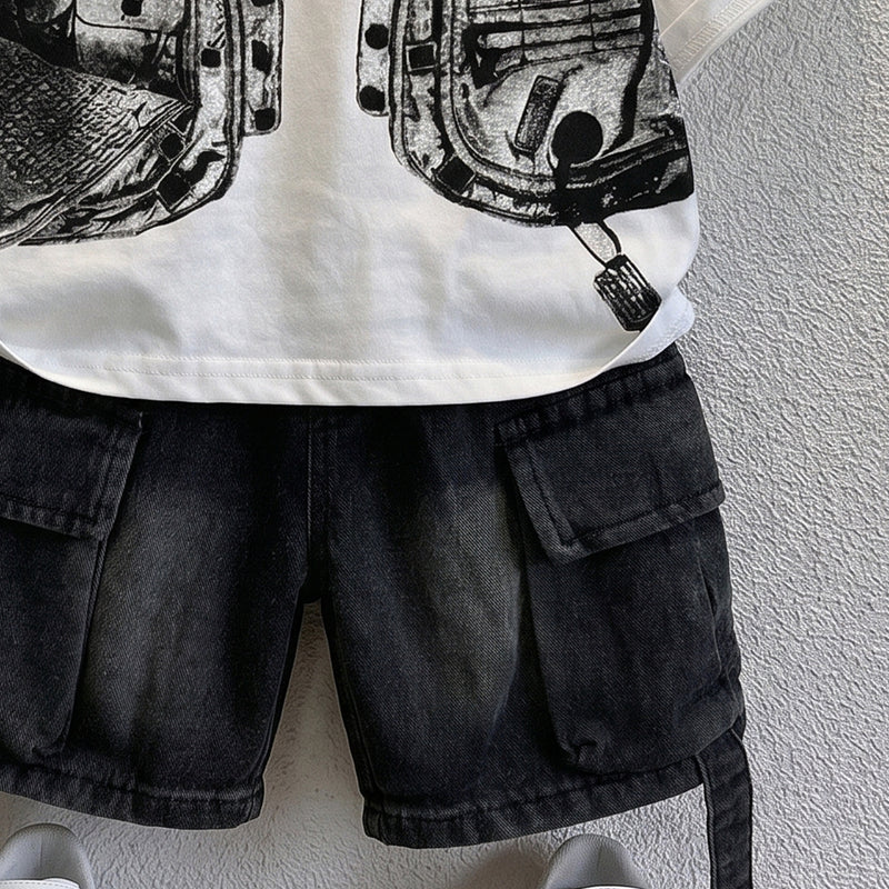 Boys Black Short Sleeve Graphic Print T-Shirt With Denim Shorts Sets 2 pc. Sets