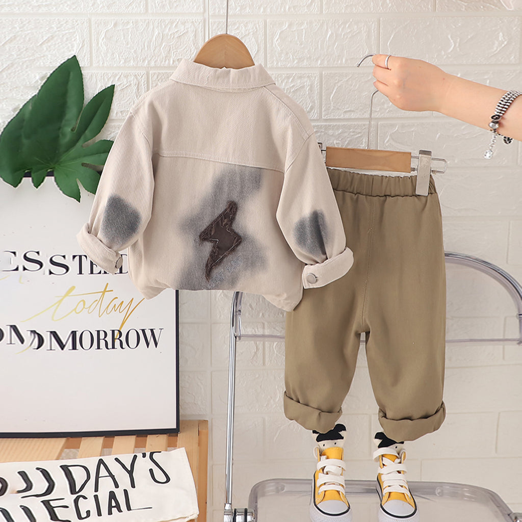 Boys Beige Abstract Printed Long Sleeves Shacket With Pants Set 2 pc. Sets