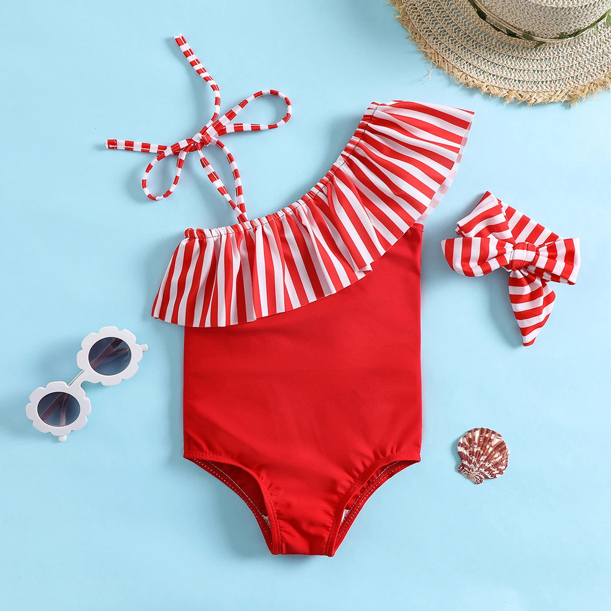 Girls Red One Shoulder Swimwear Bodysuit With Strips Ruffle & Hairband Beachwear Red 1-2 Y