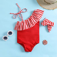 Girls Red One Shoulder Swimwear Bodysuit With Strips Ruffle & Hairband Beachwear Red 1-2 Y