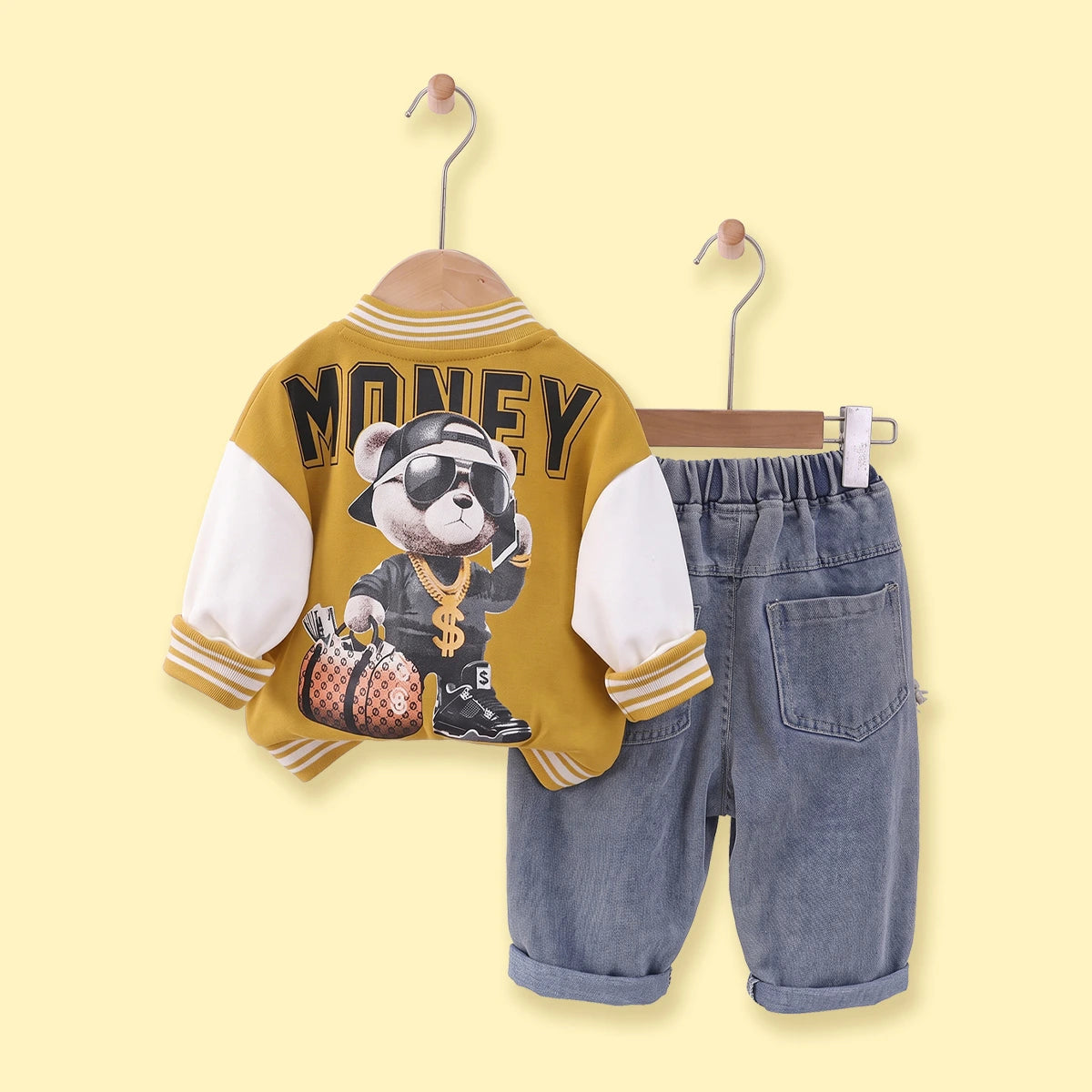 Boys Yellow Graphic Jacket With T-Shirt And Denim Pants Sets 3 pc. Sets