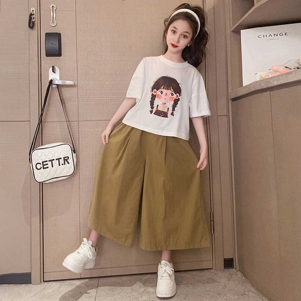 Girls Short Sleeve Graphic T-Shirt With Wide Leg Pants Set