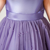 Girls Purple Pearl-Embellished Flutter Sleeve Fit & Flare Dress Casual Dresses