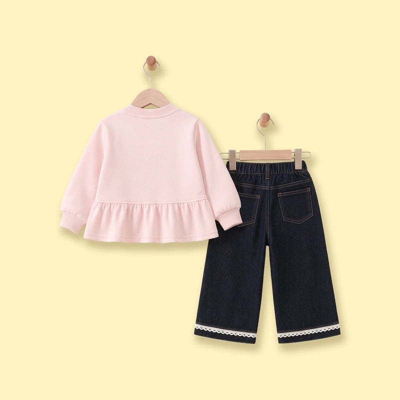 Girls Pink Graphic Peplum Top With Pants Sets Sets