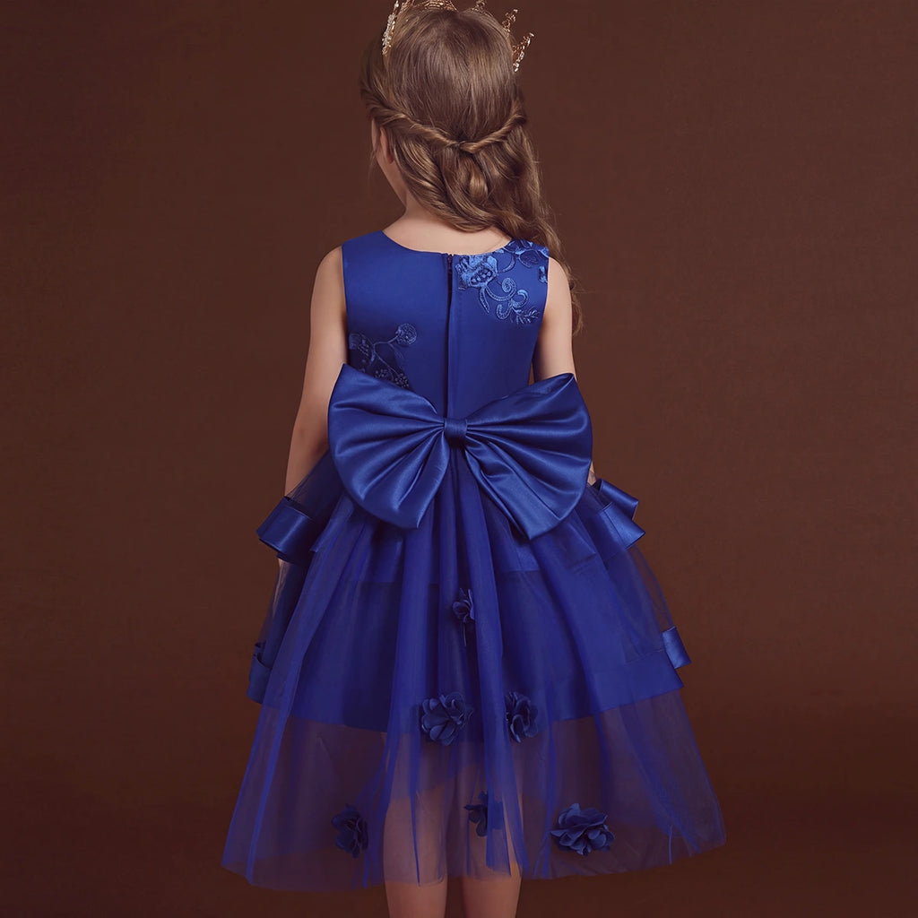 Girls Royal Blue Embroidered Sleeveless Layered Party Dress With Bow Party Dresses