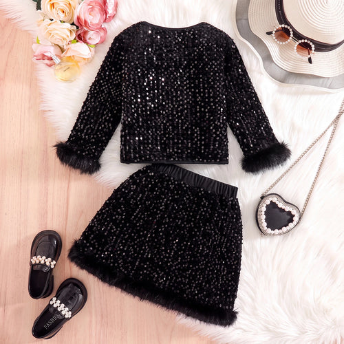 Girls Black Sequins Embellished Top With Skirt Sets 2 pc. Sets
