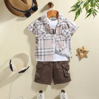 Boys Multicolor Checked Short Sleeves Shirt With Cargo Shorts & T-Shirt Sets Sets Multicolor 6-12 M