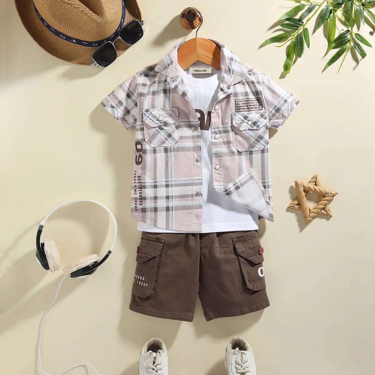 Boys Multicolor Checked Short Sleeves Shirt With Cargo Shorts & T-Shirt Sets Sets Multicolor 6-12 M