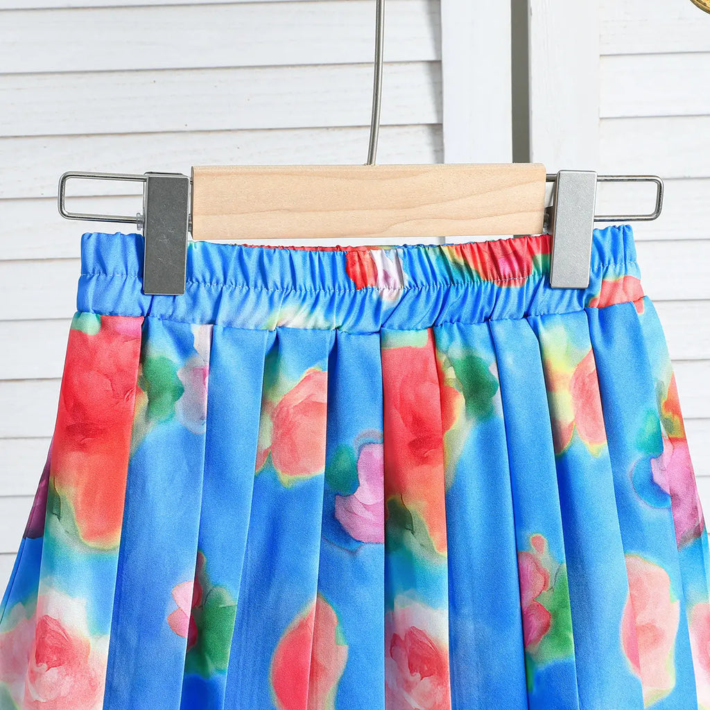 Girls Blue Floral Printed Top With Pleated Skirt Co-ord Sets Sets