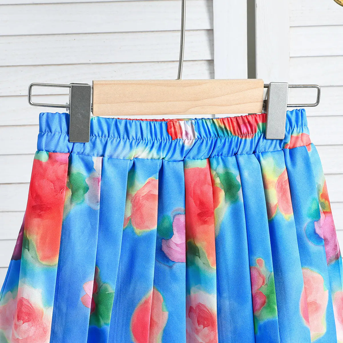 Girls Blue Floral Printed Top With Pleated Skirt Co-ord Sets Sets