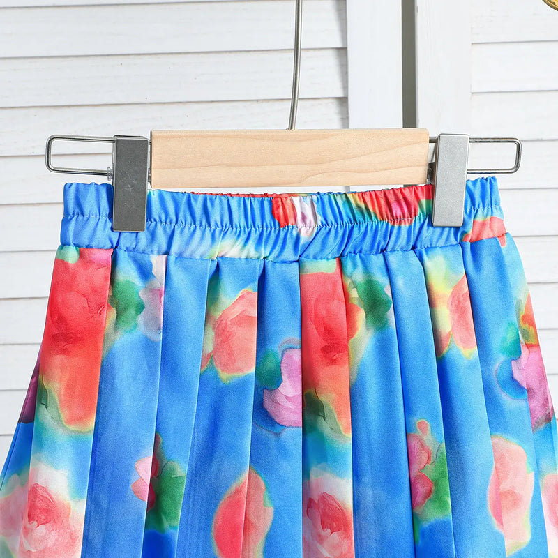 Girls Blue Floral Printed Top With Pleated Skirt Co-ord Sets Sets
